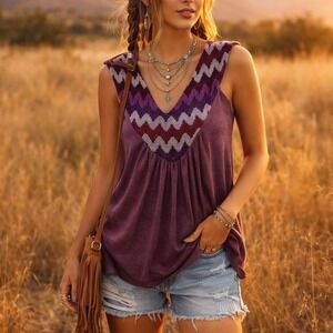 Nevula Boho Crochet Zigzag Tank Top Purple Festival Indie Knit Blouse Size S